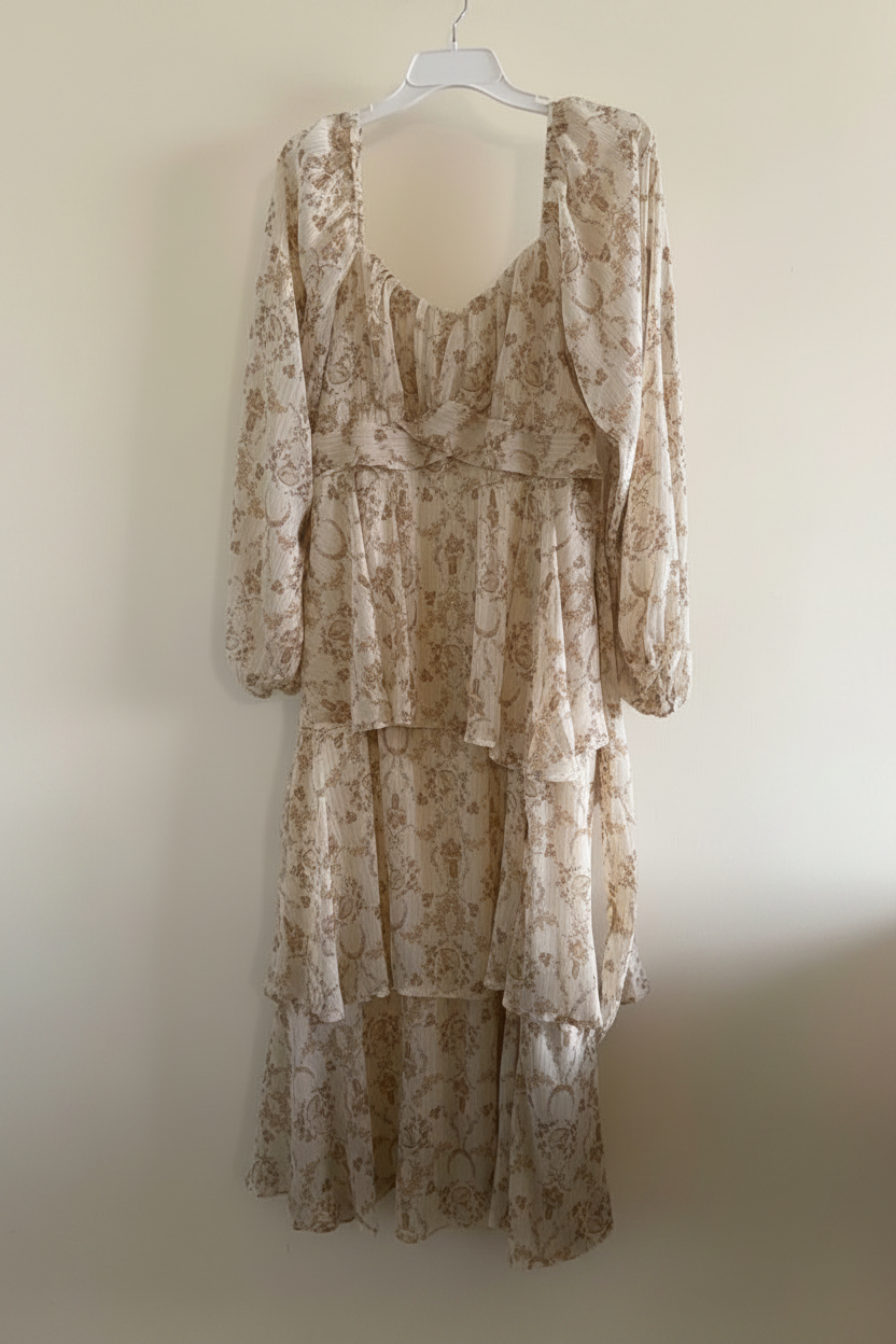 Francesca's Women's Cream Floral Tiered Ruffle Long Sleeve Tie Waist Dress - Size Large
