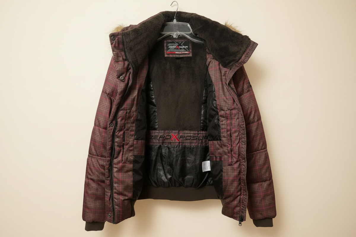 ZeroXposur Women's Insulated Plaid Puffer Jacket with Faux Fur Hood - Size Small