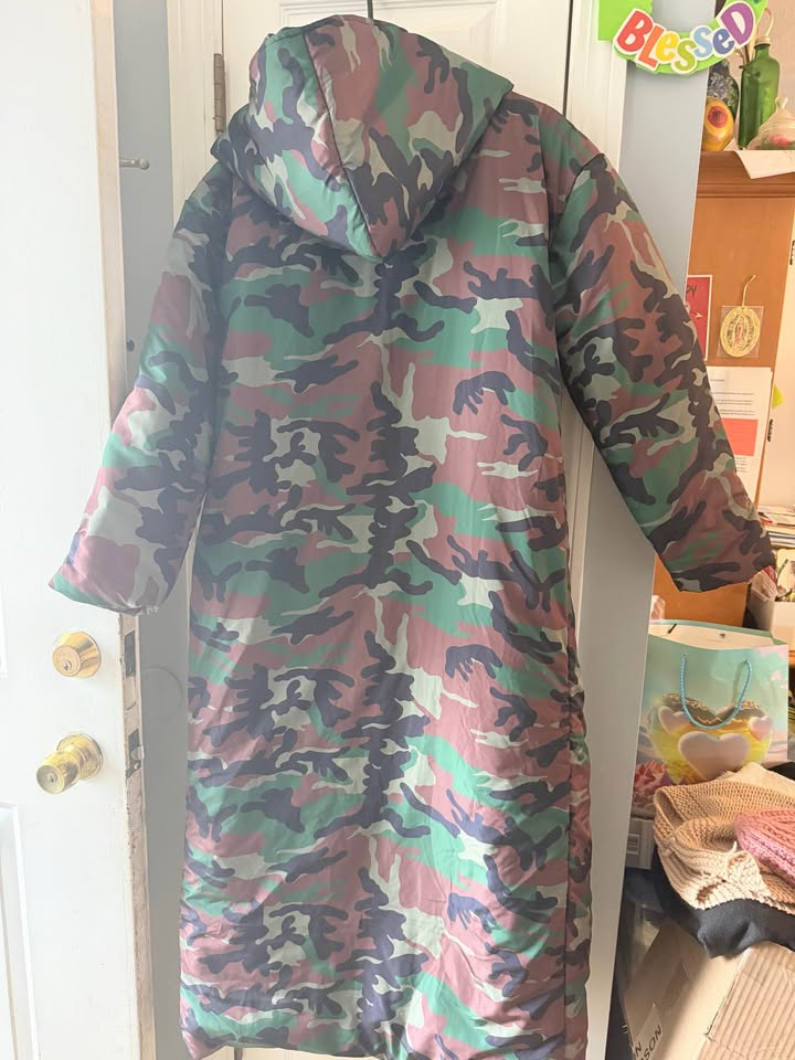 Fashion Nova Women's Camo Long Puffer Coat with Hood - Size Small