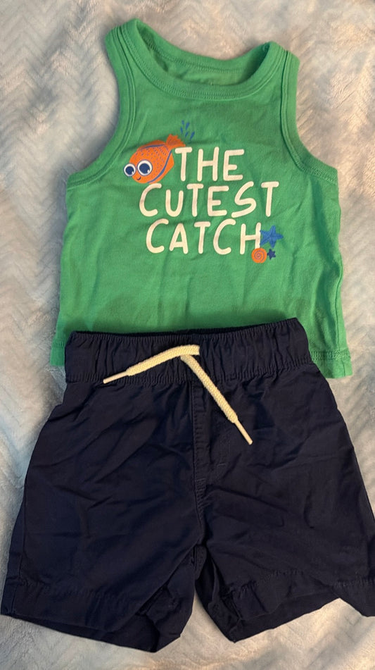 Okie Dokie Green Tank and Navy Blue Shorts Set - 6 Months