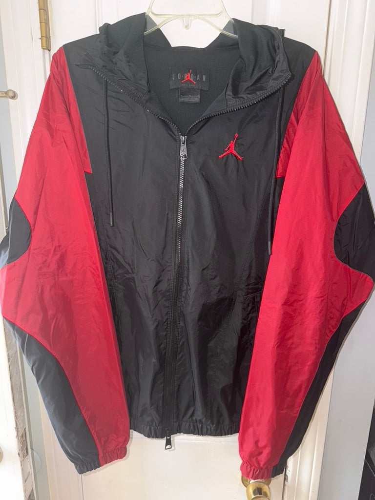 Jordan black and red hooded windbreaker jacket front view