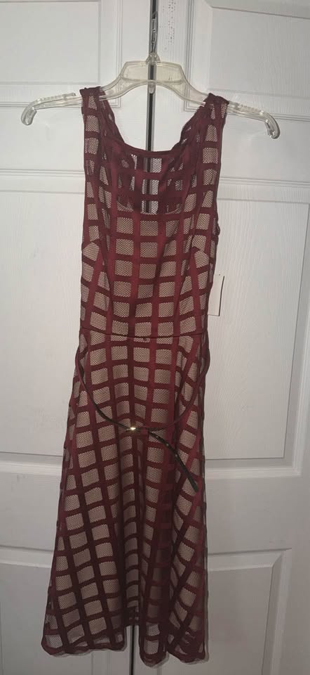 DressBarn Women's Burgundy Mesh Overlay Fit & Flare Dress - Size 8