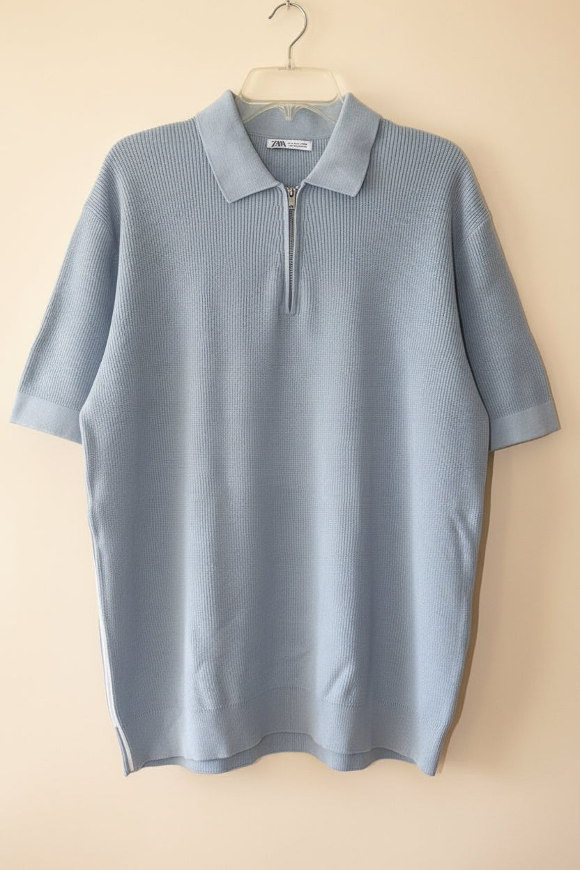 Zara light blue knit quarter-zip polo sweater front view