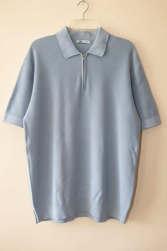 Zara light blue knit quarter-zip polo sweater front view