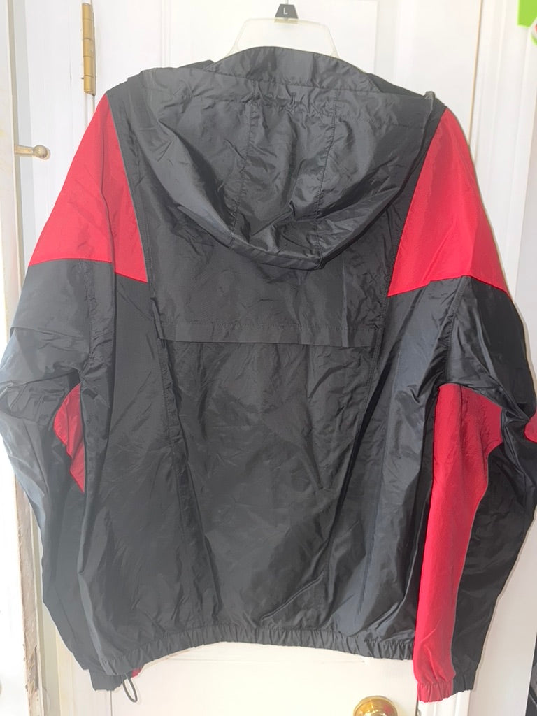 Jordan black and red hooded windbreaker jacket back view
