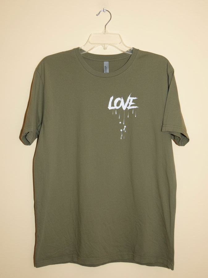 Next Level Apparel olive green LOVE graphic t-shirt front view