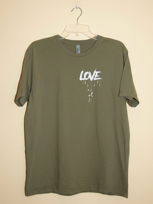 Next Level Apparel olive green LOVE graphic t-shirt front view