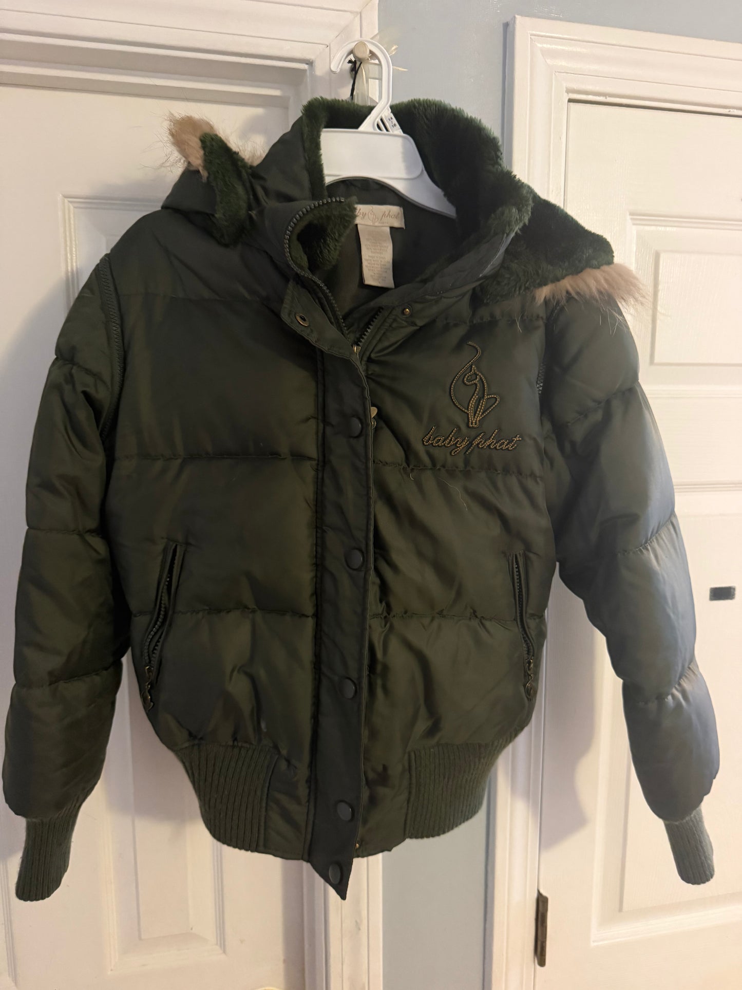 Baby Phat Women's Convertible Puffer Jacket with Faux Fur Hood | Size Small