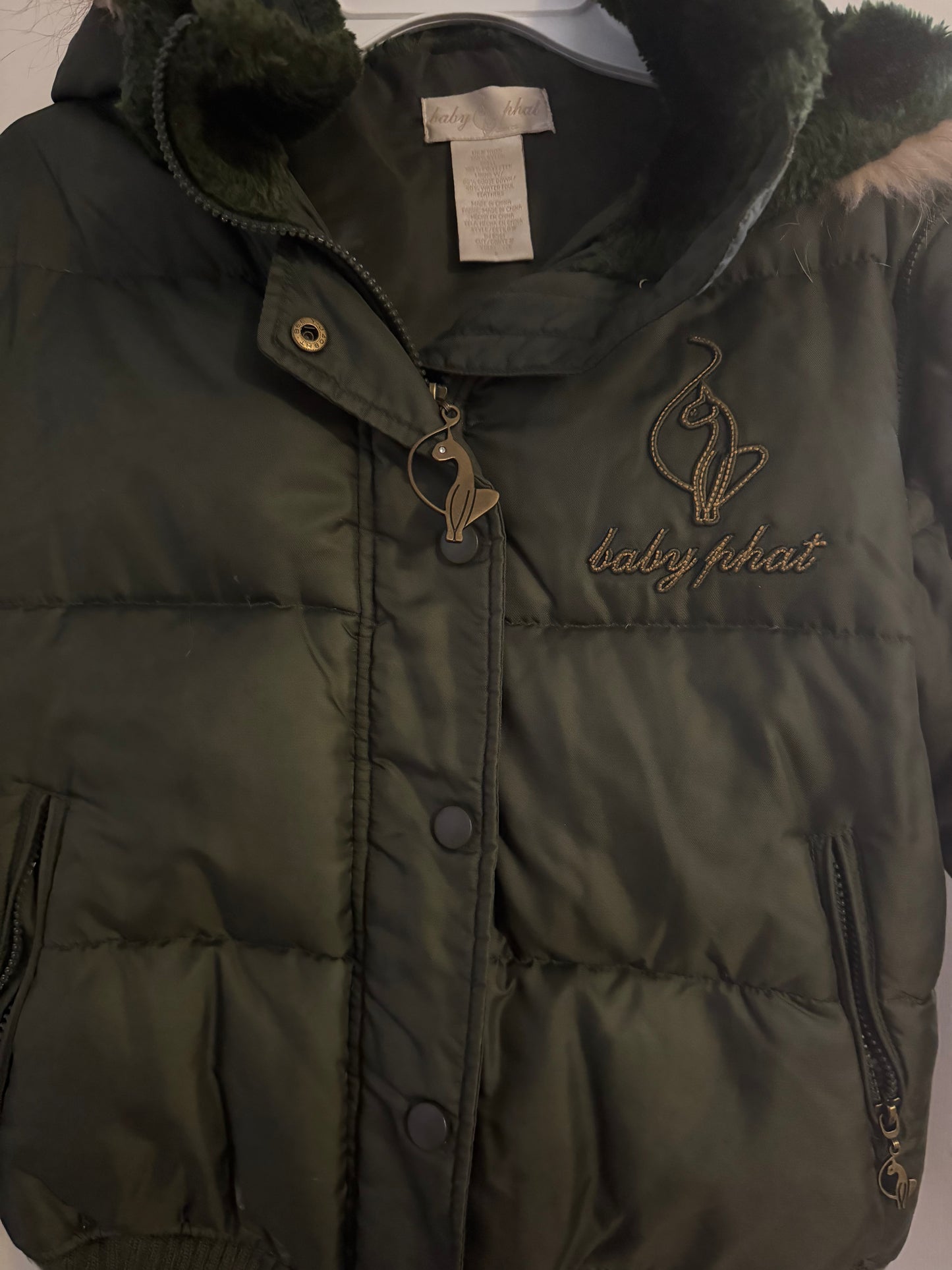 Baby Phat Women's Convertible Puffer Jacket with Faux Fur Hood | Size Small