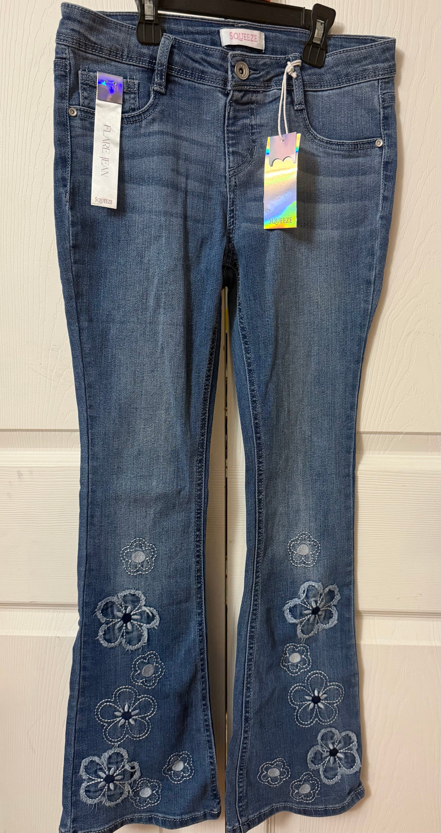 Squeeze Girls Medium Wash Flare Jeans with Embroidered Flower Detail - Size 12