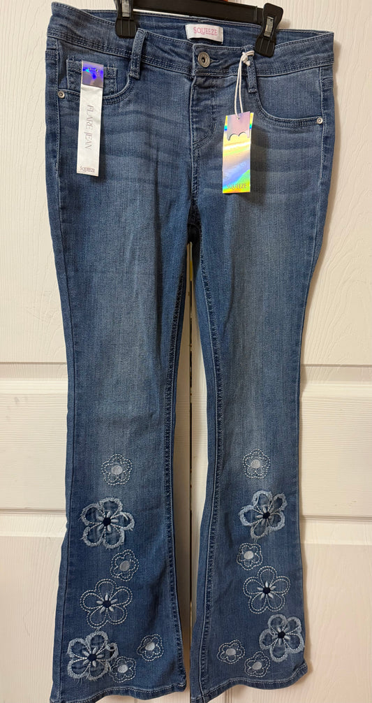 Squeeze Girls Medium Wash Flare Jeans with Embroidered Flower Detail - Size 12