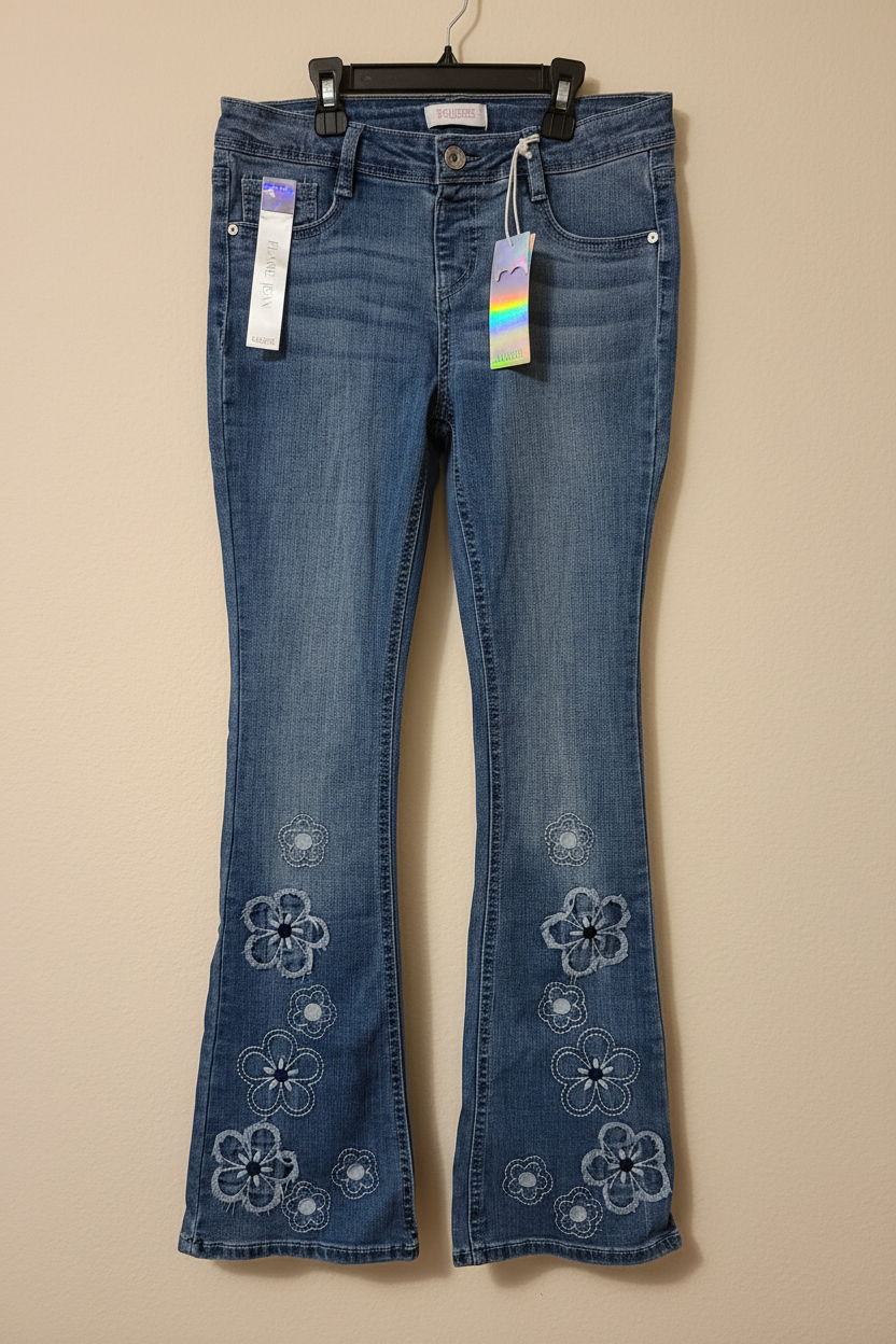 Squeeze Girls Medium Wash Flare Jeans with Embroidered Flower Detail - Size 12