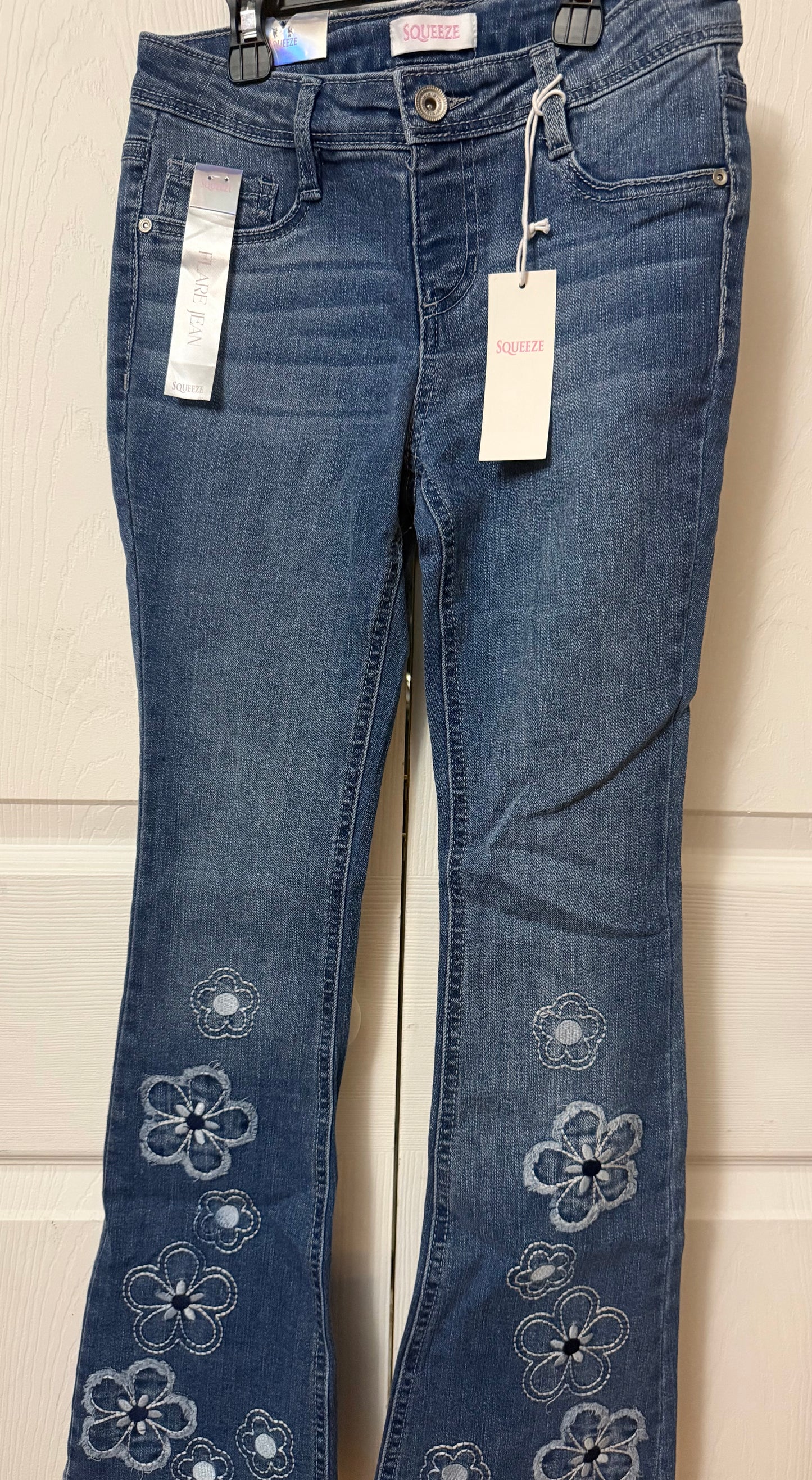Squeeze Girls Medium Wash Flare Jeans with Embroidered Flower Detail - Size 10