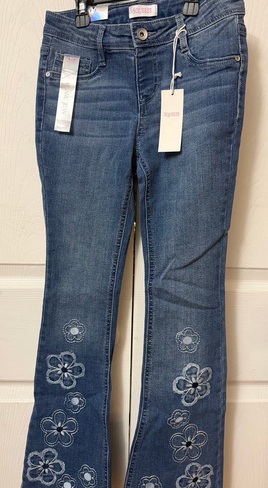 Squeeze Girls Medium Wash Flare Jeans with Embroidered Flower Detail - Size 10