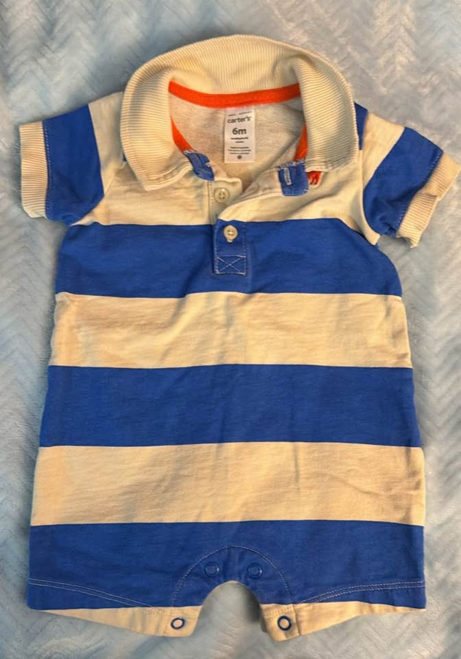 Carter's Blue & Tan Stripe Romper with Collar - 6 Months