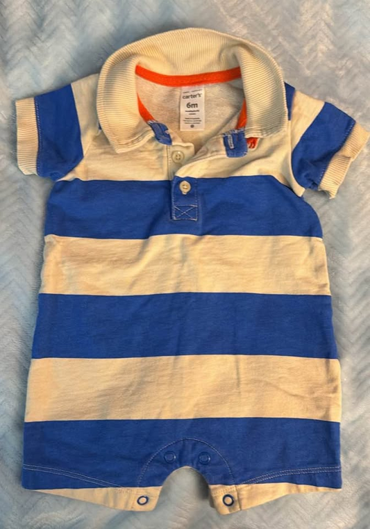 Carter's Blue & Tan Stripe Romper with Collar - 6 Months