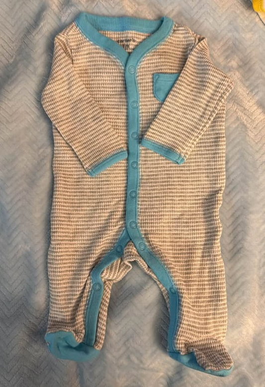 Baby Infant Thermal Waffle Knit Footed Snap Pajama Sleeper Light Blue Trim - Size 3-6 Months