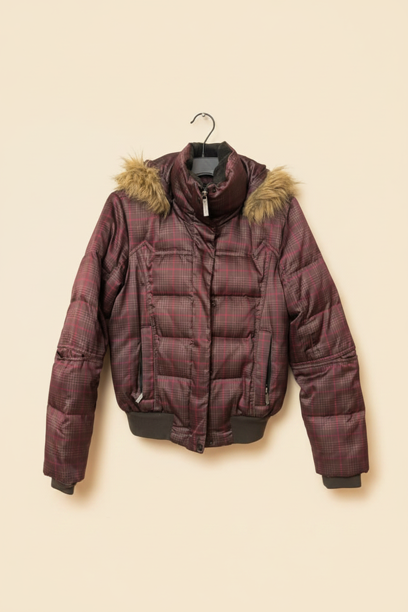 ZeroXposur Women's Insulated Plaid Puffer Jacket with Faux Fur Hood - Size Small