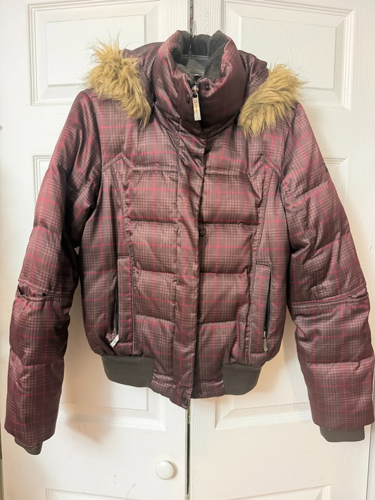 ZeroXposur Women's Insulated Plaid Puffer Jacket with Faux Fur Hood - Size Small