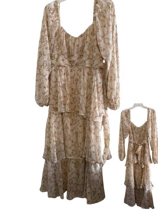 Francesca's Women's Cream Floral Tiered Ruffle Long Sleeve Tie Waist Dress - Size Large
