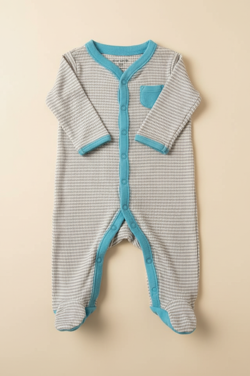 Baby Infant Thermal Waffle Knit Footed Snap Pajama Sleeper Light Blue Trim - Size 3-6 Months