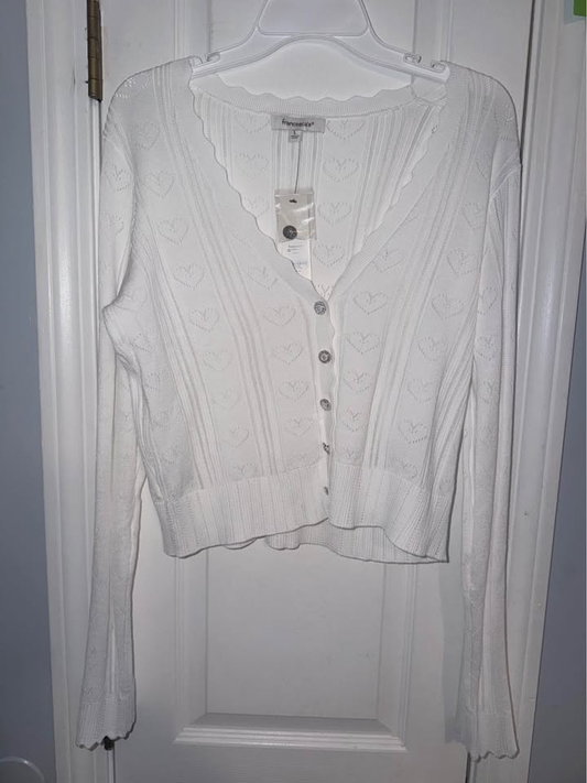 Francesca's Women's Cream Knit Heart Pattern Button Front Cardigan - Size Large