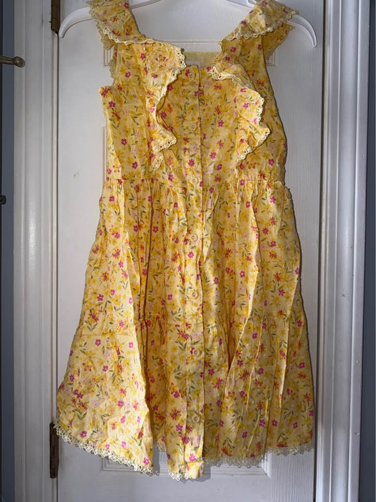 Btween Girls Yellow Floral Ruffle Lace Trim Tiered Button Front Dress - Size 10
