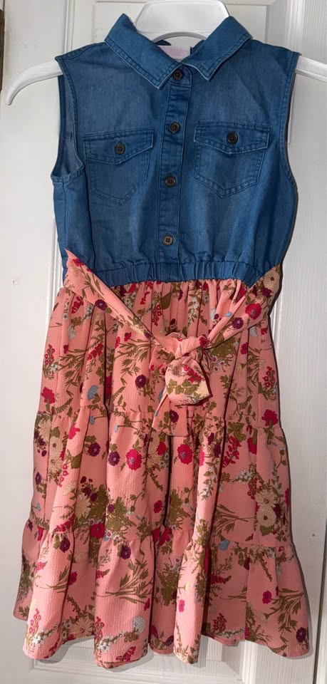 Bonnie Jean Girls Denim Top Pink Floral Tiered Ruffle Dress - Size 10