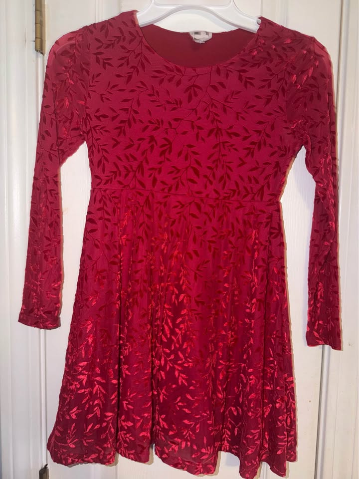 Self Esteem Girls Red Floral Leaf Pattern Long Sleeve Flowy Dress - Size Small