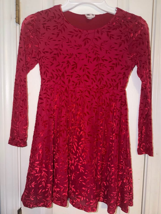 Self Esteem Girls Red Floral Leaf Pattern Long Sleeve Flowy Dress - Size Small