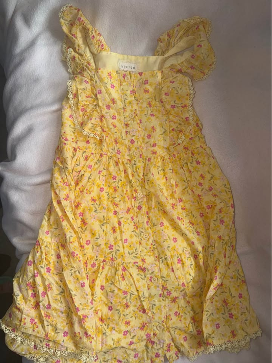 Btween Girls Yellow Floral Ruffle Lace Trim Tiered Button Front Dress - Size 10
