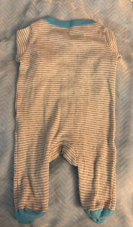 Baby Infant Thermal Waffle Knit Footed Snap Pajama Sleeper Light Blue Trim - Size 3-6 Months