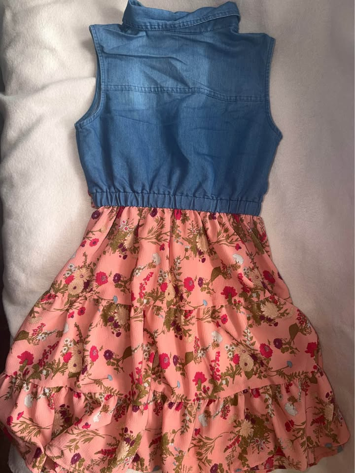 Bonnie Jean Girls Denim Top Pink Floral Tiered Ruffle Dress - Size 10