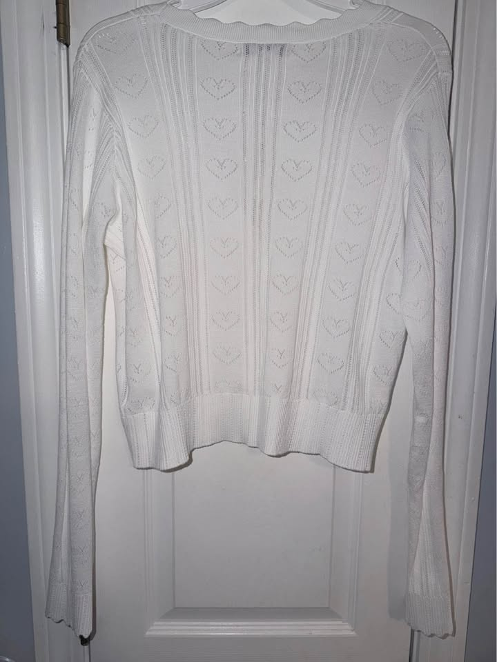 Francesca's Women's Cream Knit Heart Pattern Button Front Cardigan - Size Large