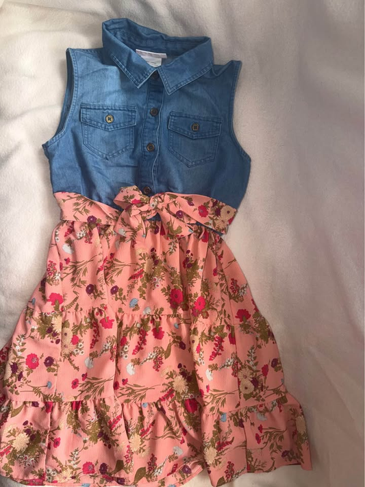 Bonnie Jean Girls Denim Top Pink Floral Tiered Ruffle Dress - Size 10