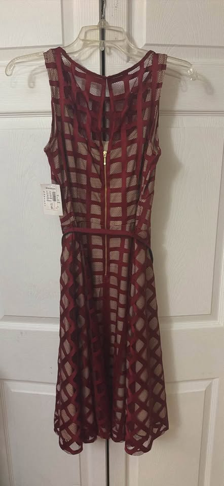 DressBarn Women's Burgundy Mesh Overlay Fit & Flare Dress - Size 8